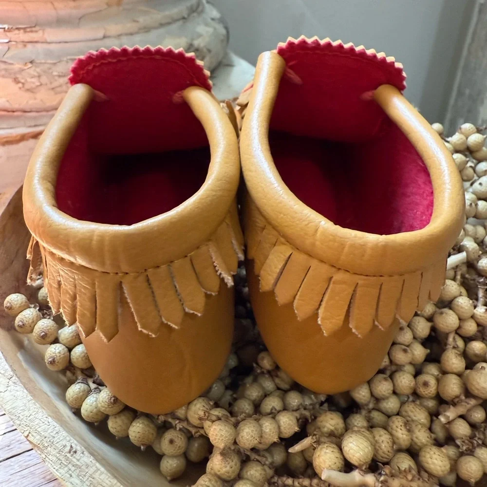 Vintage Handmade USA Kids Leather Tan Moccasins with Red Accents